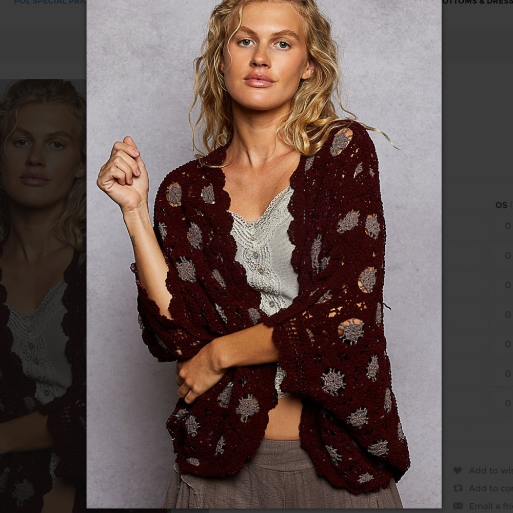 POL Maroon Open-Knit Cardigan with Grey Accents